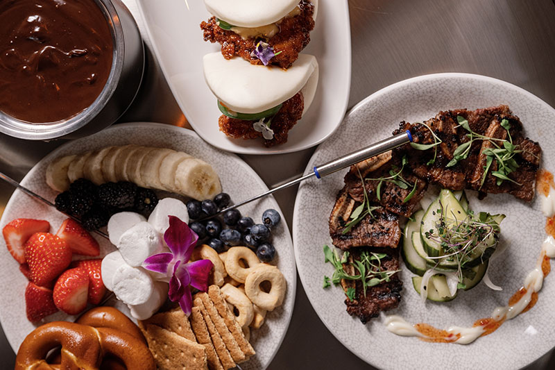 overhead view of food on a table